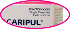 close up of Caripul DIN number located in upper right corner of product packaging